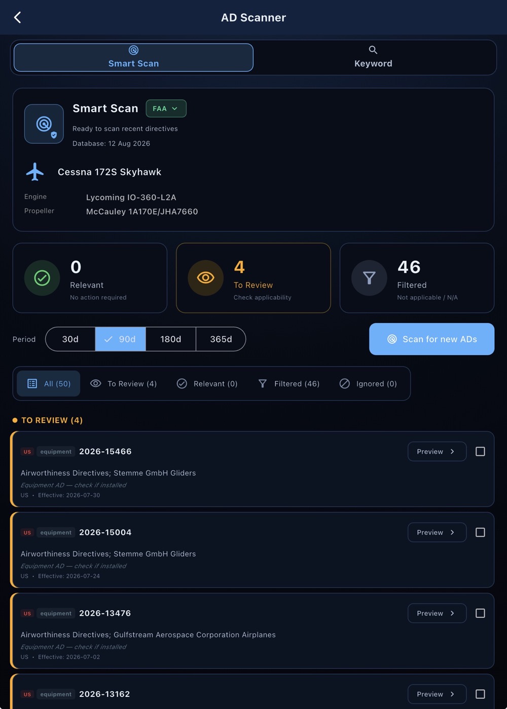 FlightGuard AD Smart Scan showing relevant, review and filtered directives