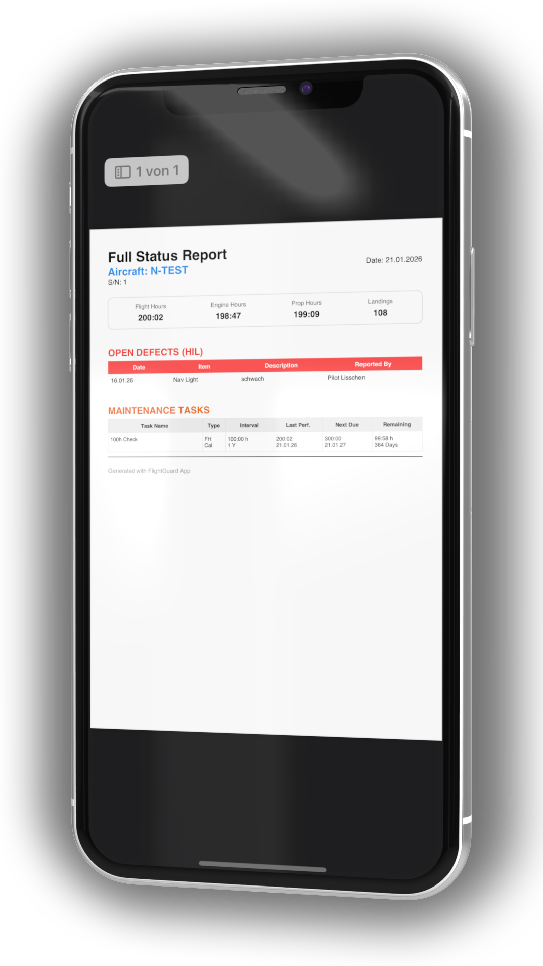 FlightGuard one-tap PDF report preview showing aircraft maintenance status