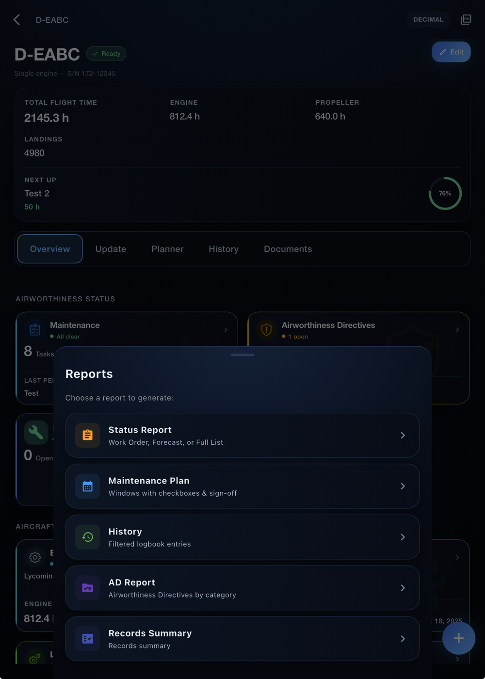 FlightGuard report menu with Status Report, Maintenance Plan, History, AD Report and Records Summary