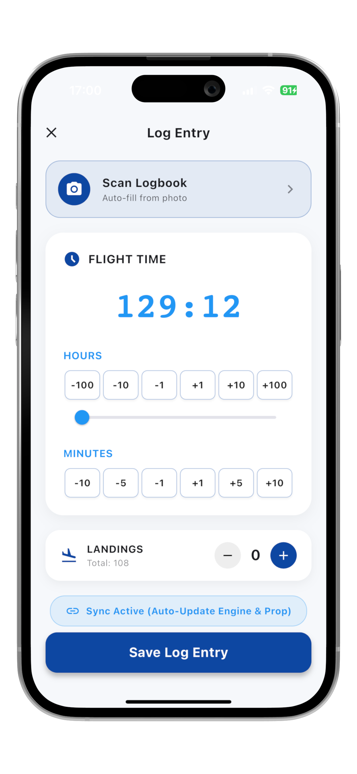 Update flight times manually or by scanning your logbook